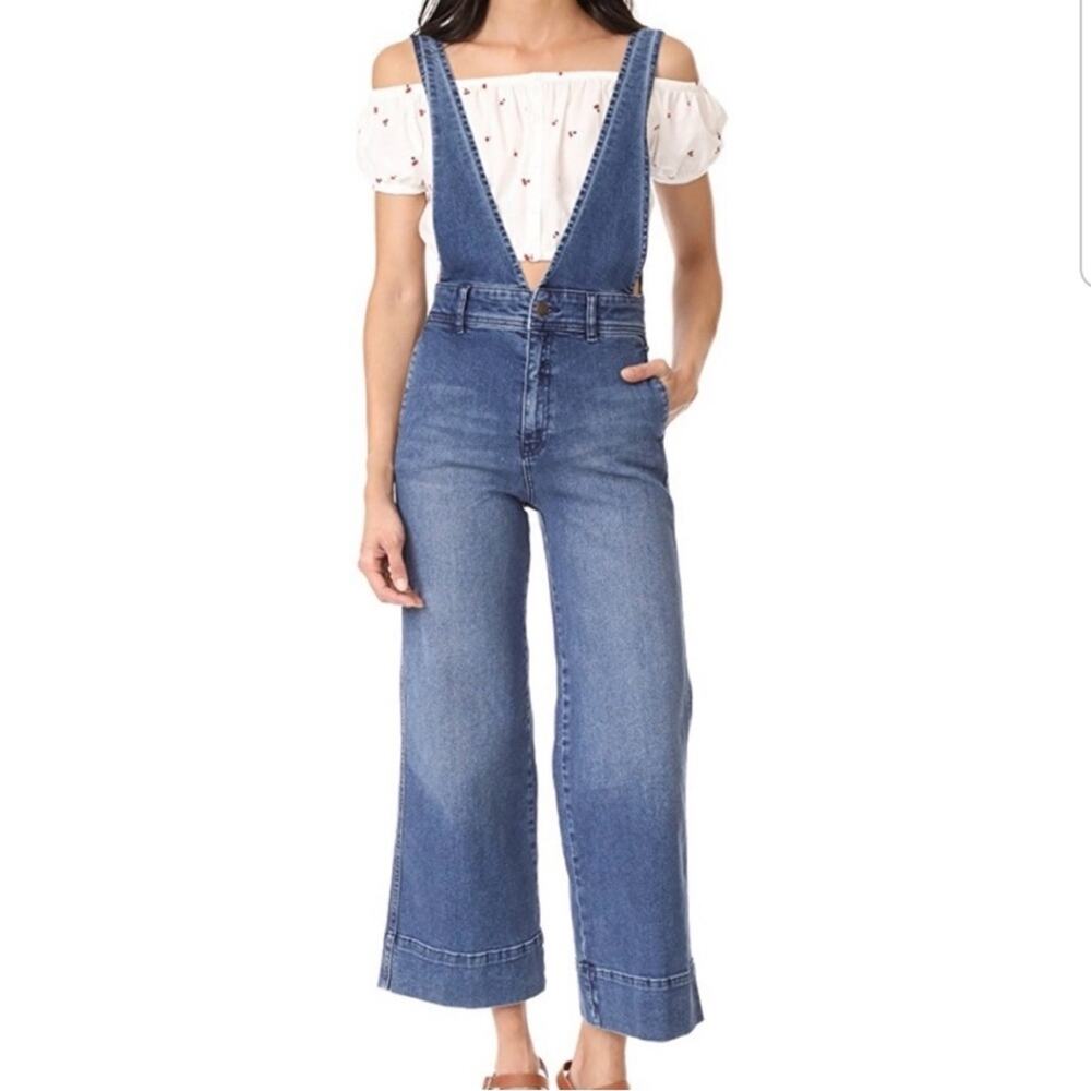 Free People A-Line Medium to Light Wash Overalls Size 12